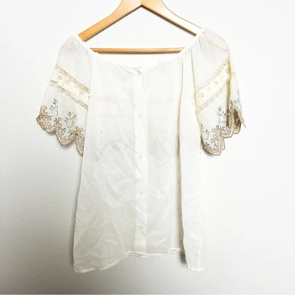 Vtg 70s floral embroidered scallop eyelet lace Oaxacan blouse top peasant boho - Picture 8 of 9